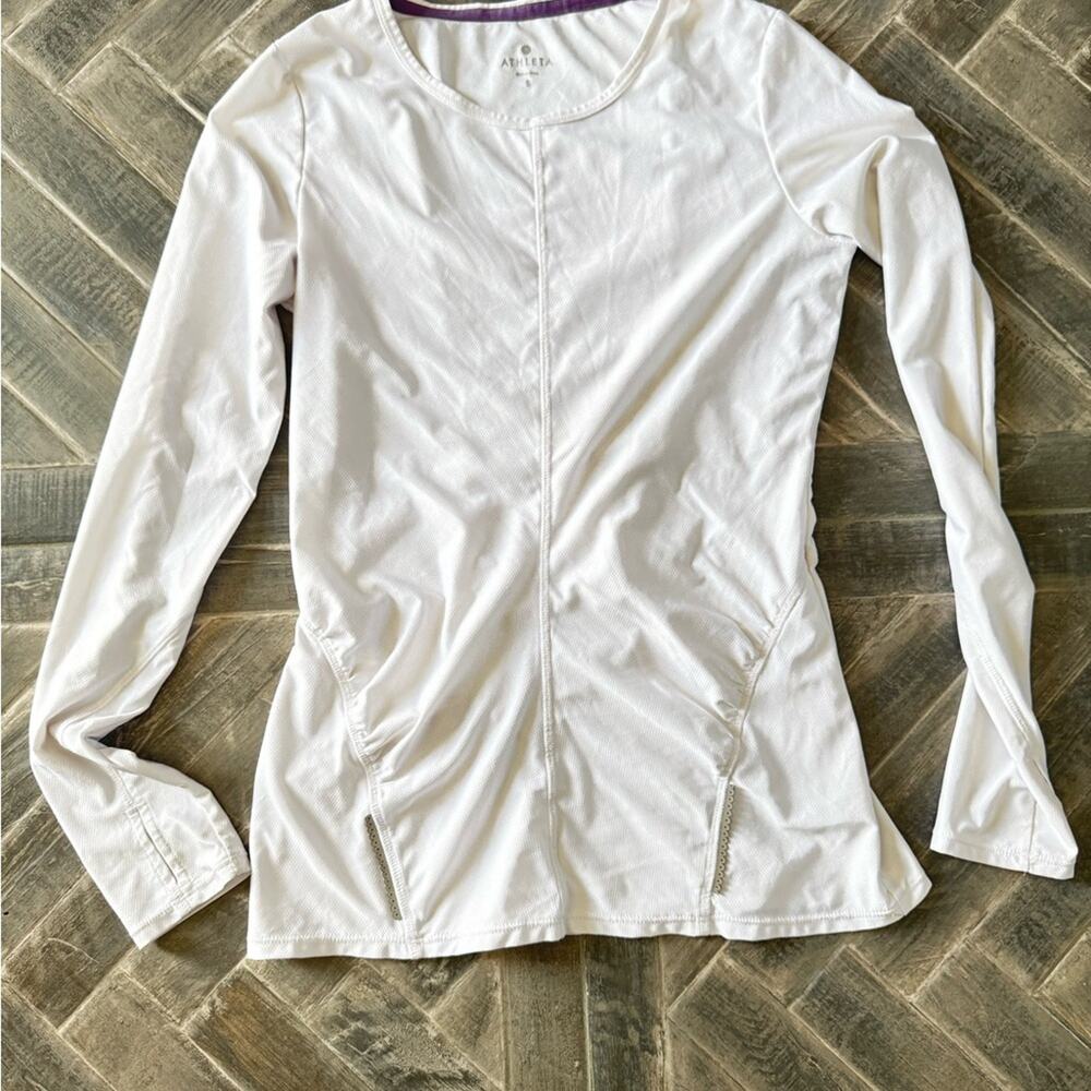 Athleta White Long Sleeve Ruched Running Shirt Thumb Holes | Size S